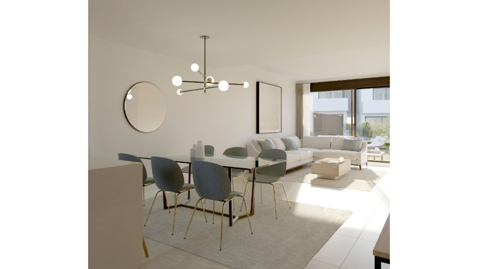 Moderne woon- en eetkamer met minimalistisch design en veel natuurlijk licht.