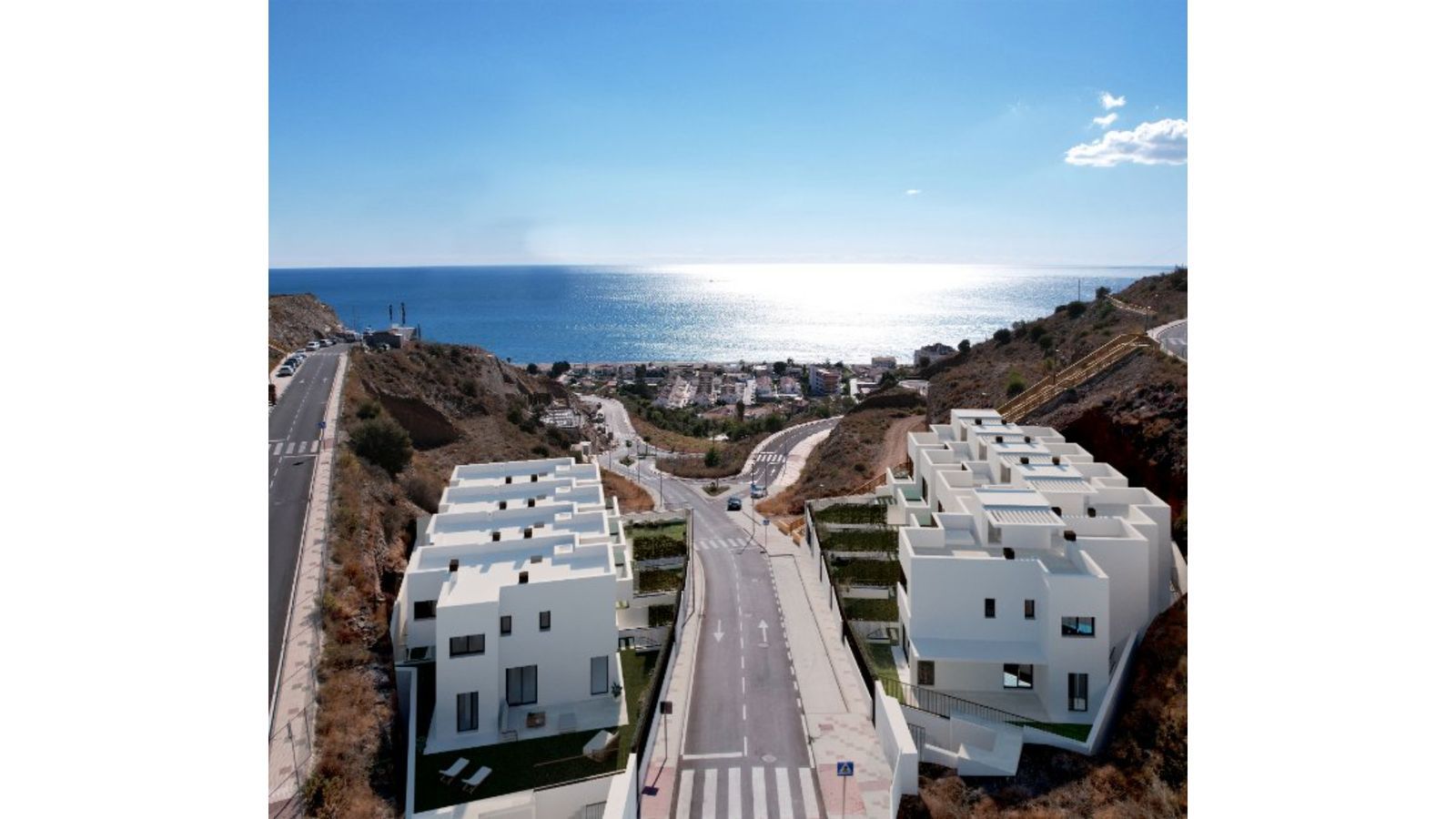 Moderne huizen met uitzicht op zee, Spanje