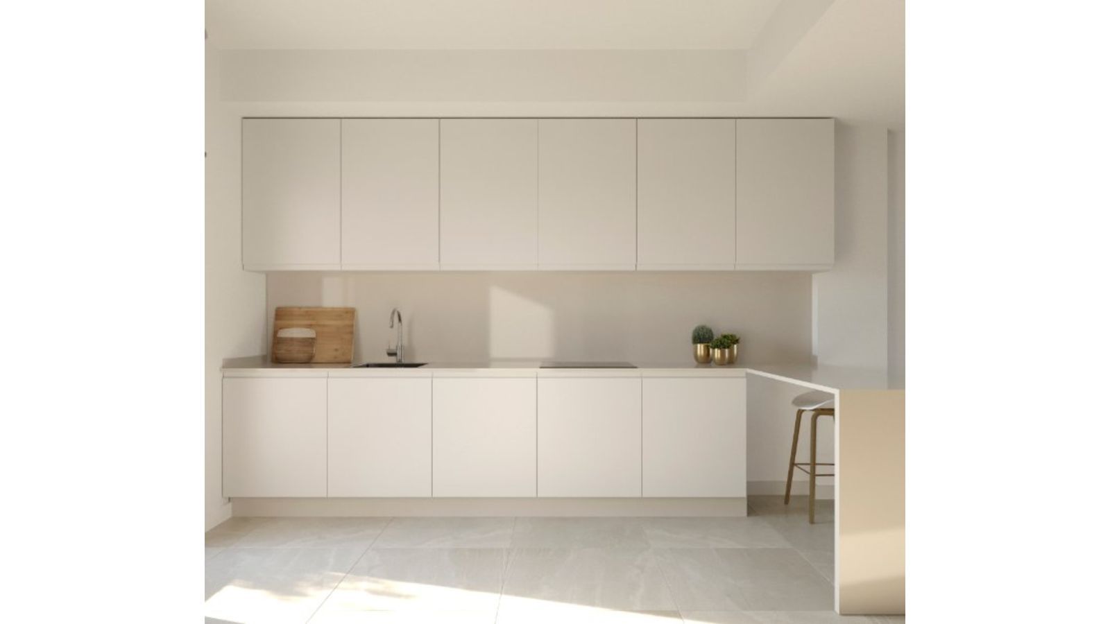 Moderne minimalistische keuken met witte kasten en een strak design.