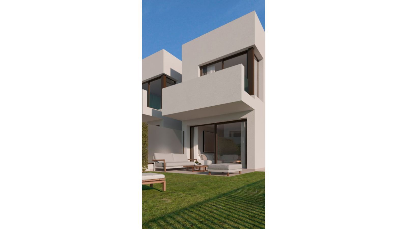 Moderne villa met gazon en terrasmeubilair buiten